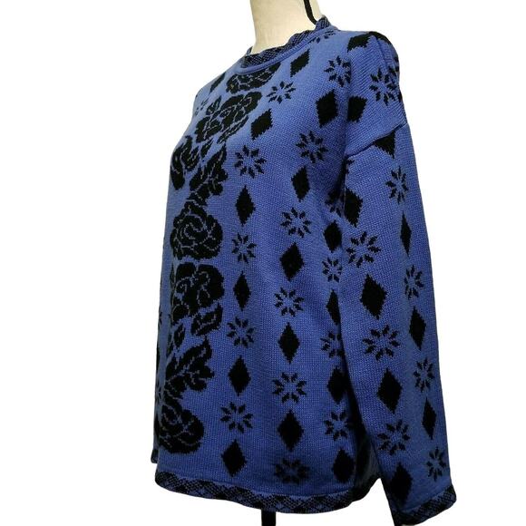 VTG 80s Blue Black Floral Sweater Womens Sz M Roses Pullover Crewneck Chunky - Picture 3 of 4
